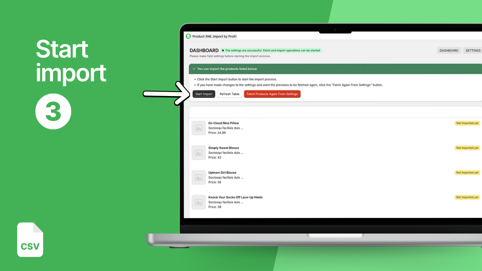 Successful import report showing added products & details