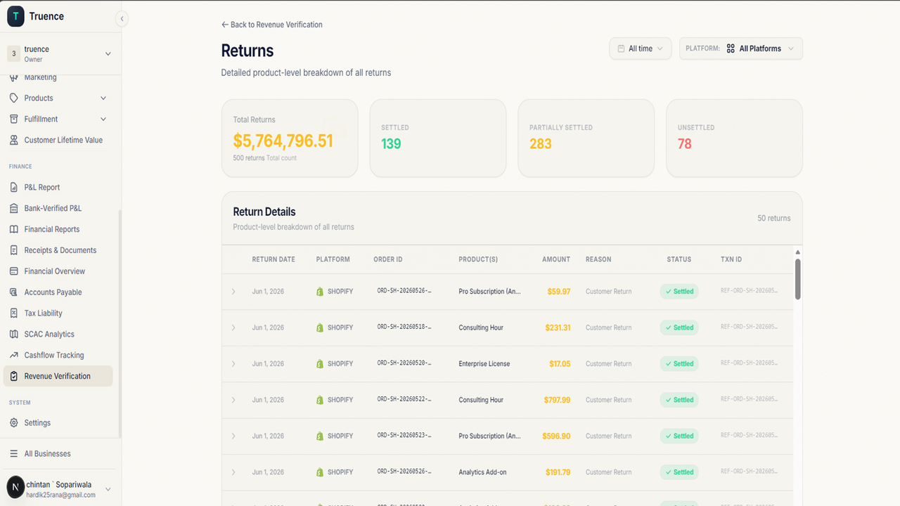 Returns dashboard showing refund and settlement status details