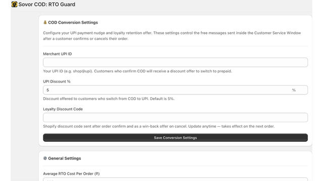 Settings Dashboard showing  COD Conversion Settings