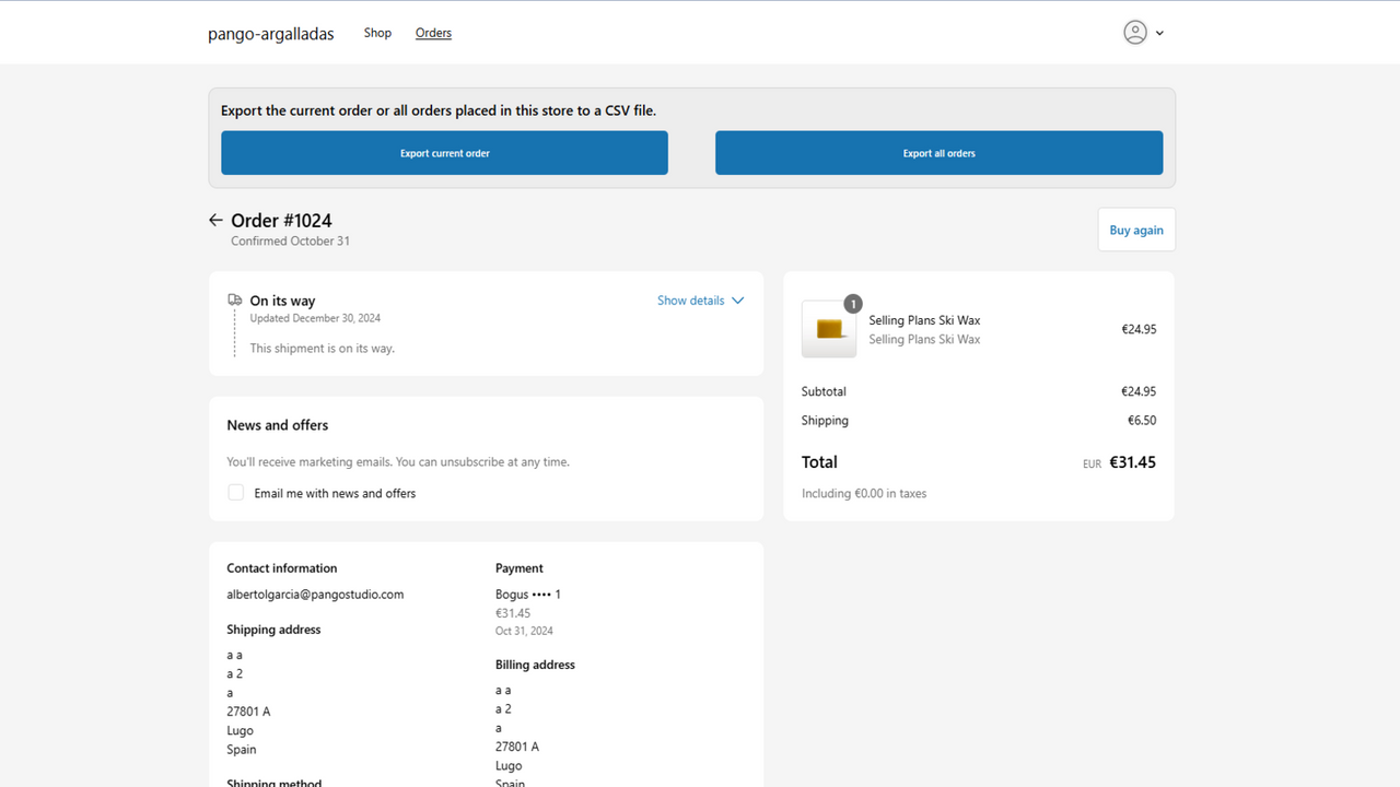 The order page that your customer will see with the buttons.