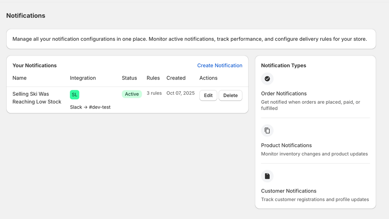 notifications setup list page