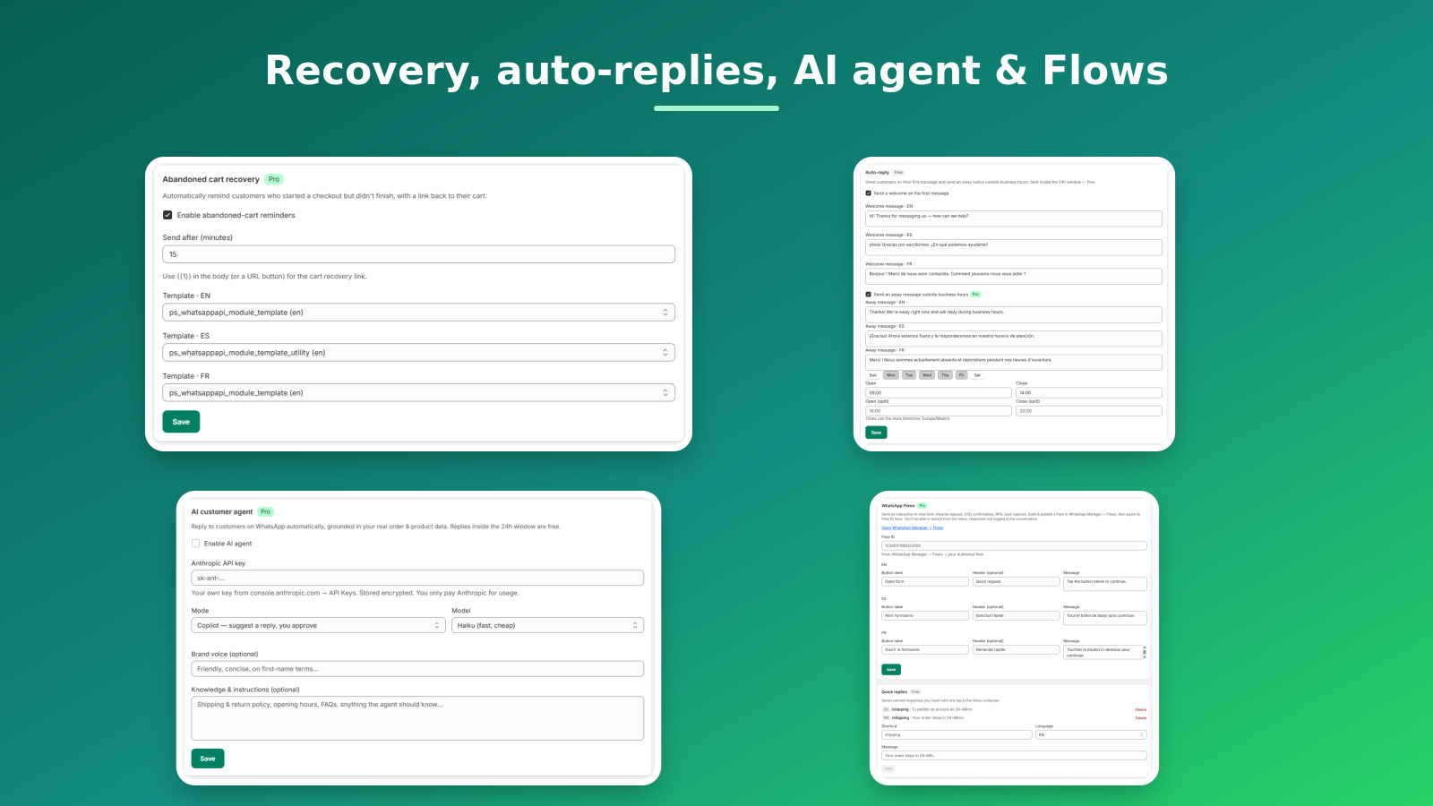Abandoned-cart recovery, auto-replies, AI agent and Flows
