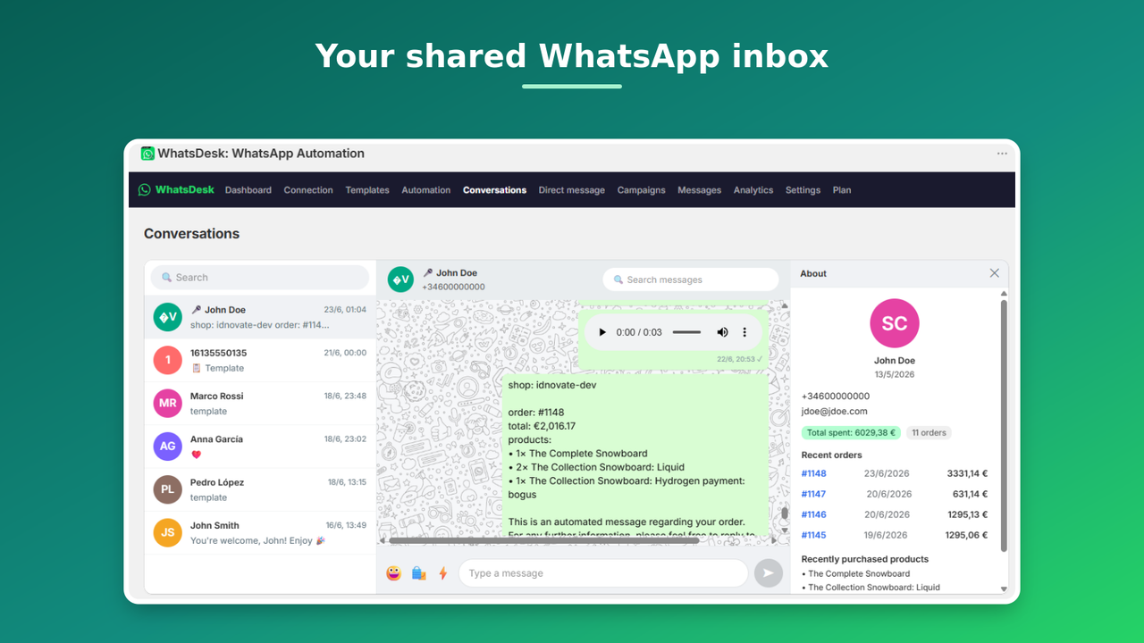 Shared WhatsApp inbox: chat list, thread and customer panel