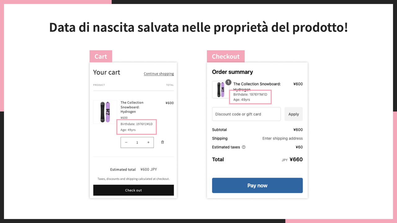 Data di nascita salvata nelle proprietà del prodotto!