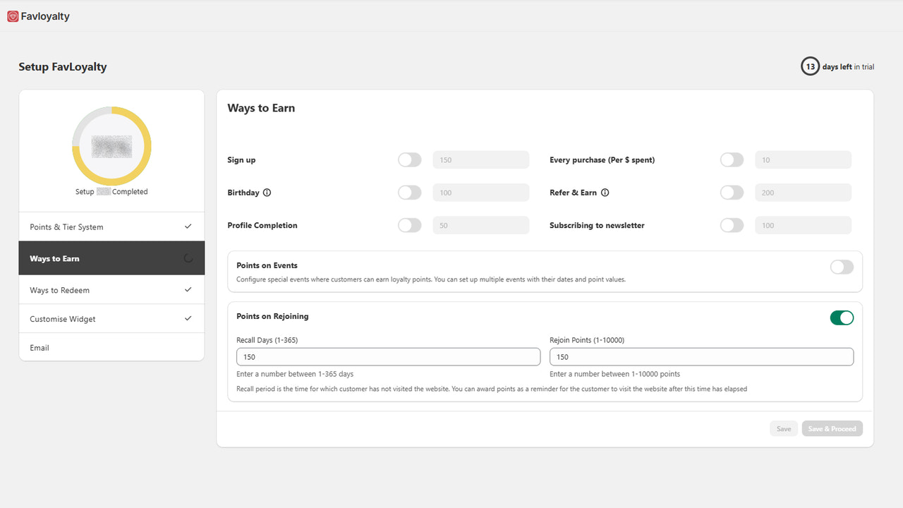 Earn settings