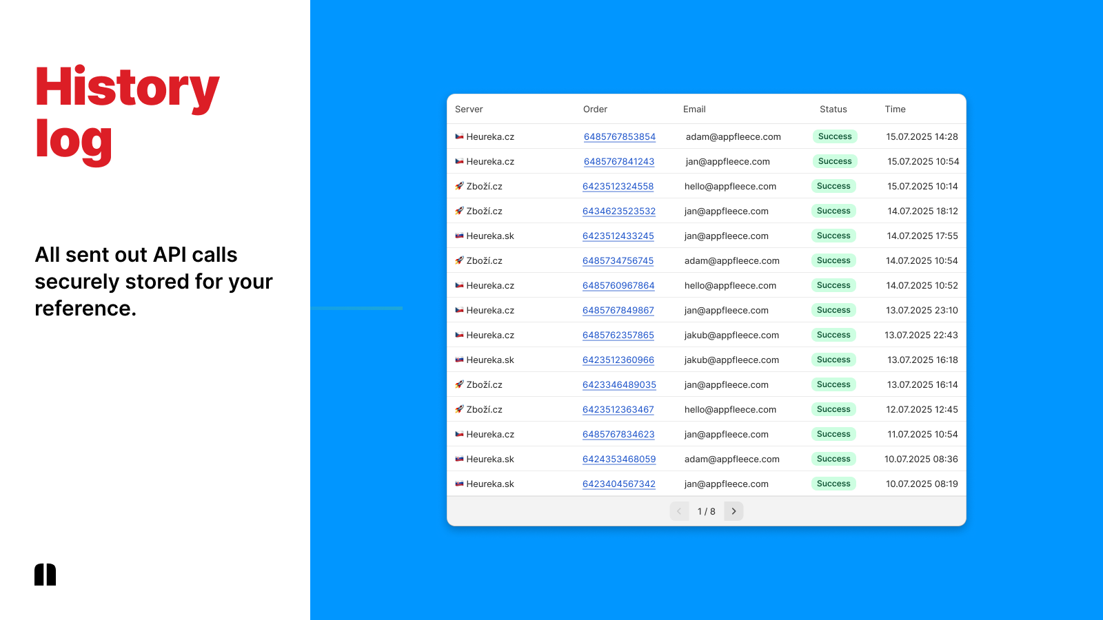 Shopify log of secure API calls for Heureka, Zbozi, Sklik