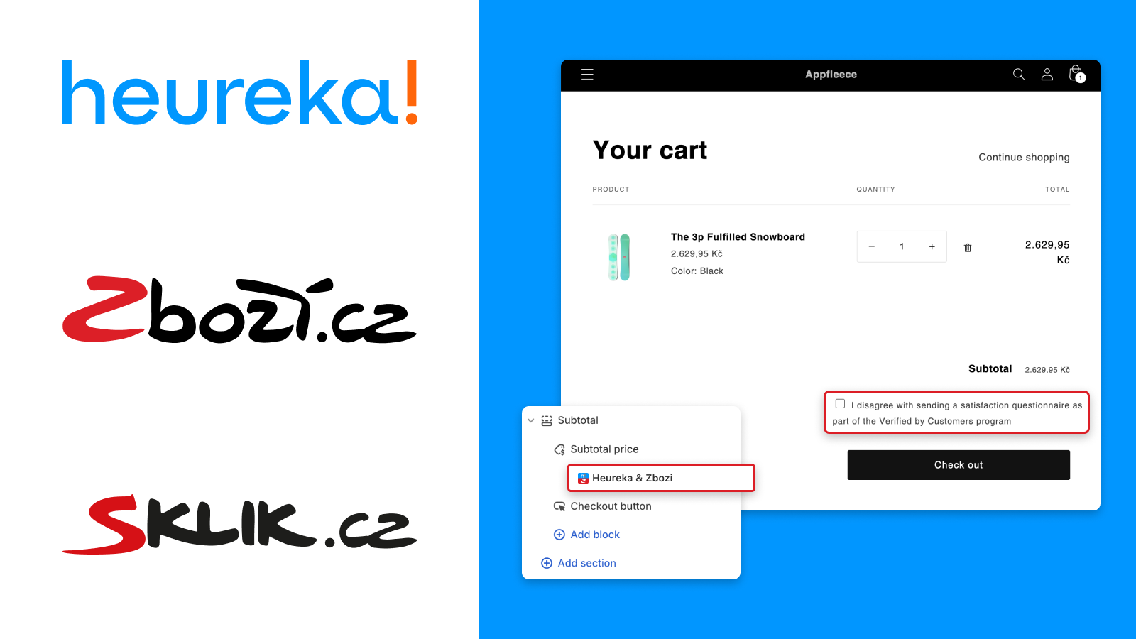 Heureka, Zbozi.cz, Sklik.cz logos with consent on Shopify cart