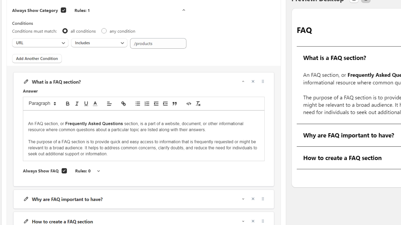 Dashboard with a FAQ expanded showing the answer editor