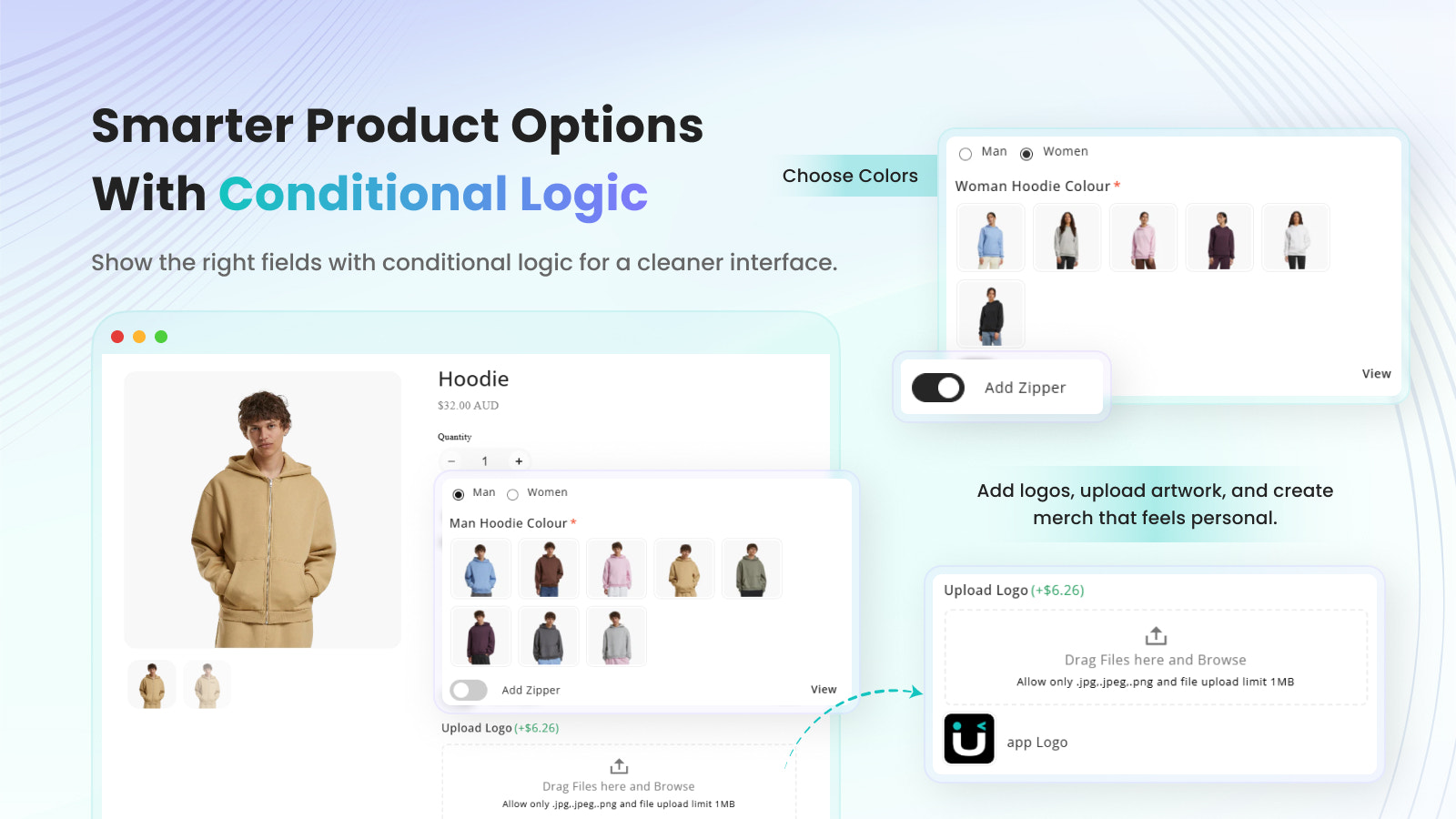 Product options with conditional logic & Extra product option.