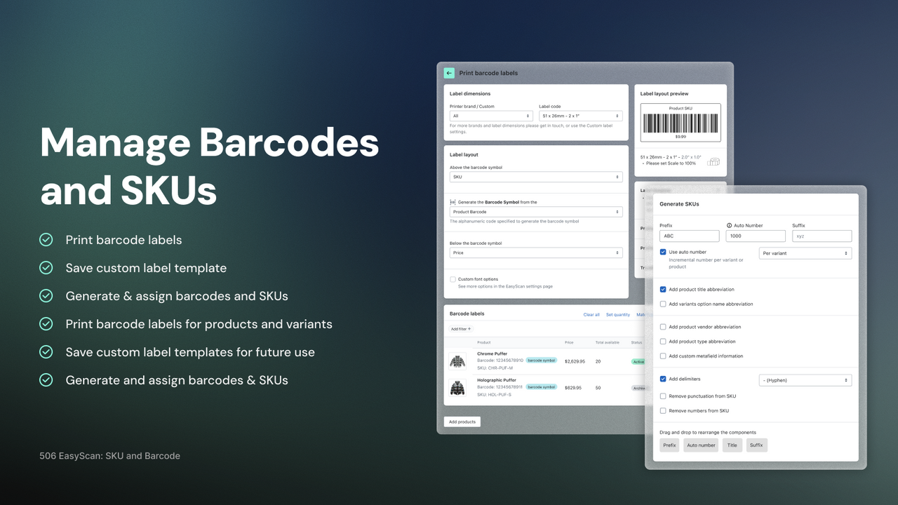 Generate and print barcodes and SKUs with EasyScan for Shopify