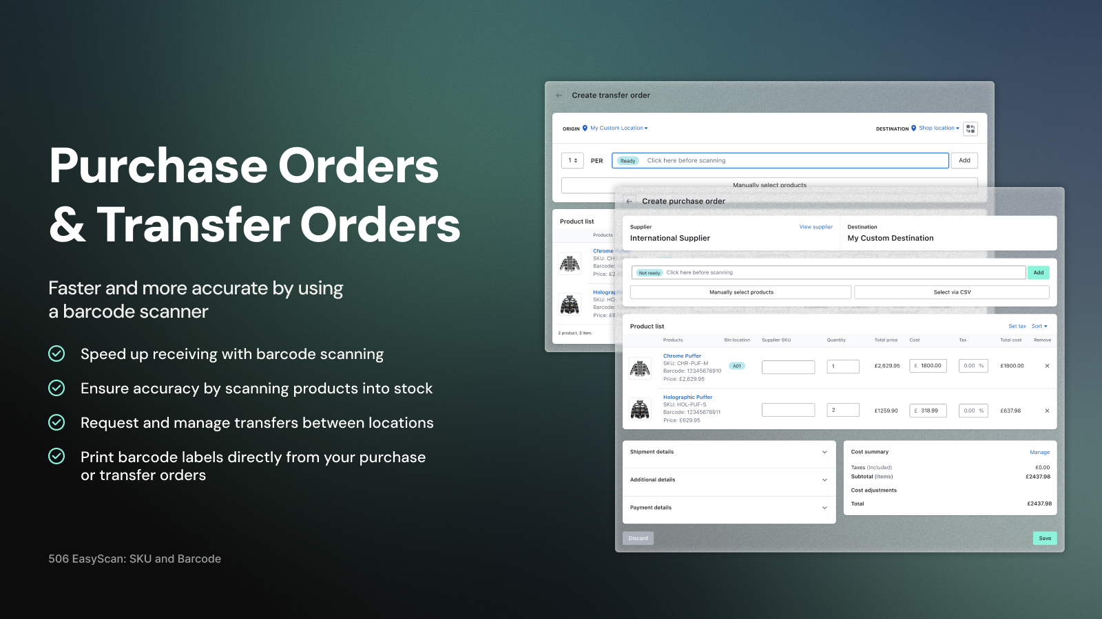 Create and track purchase or transfer orders in EasyScan