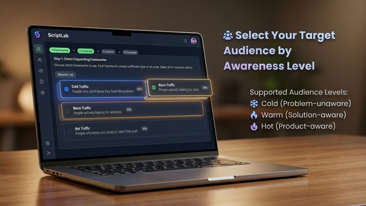 Choose target audience by awareness level for ad scripts