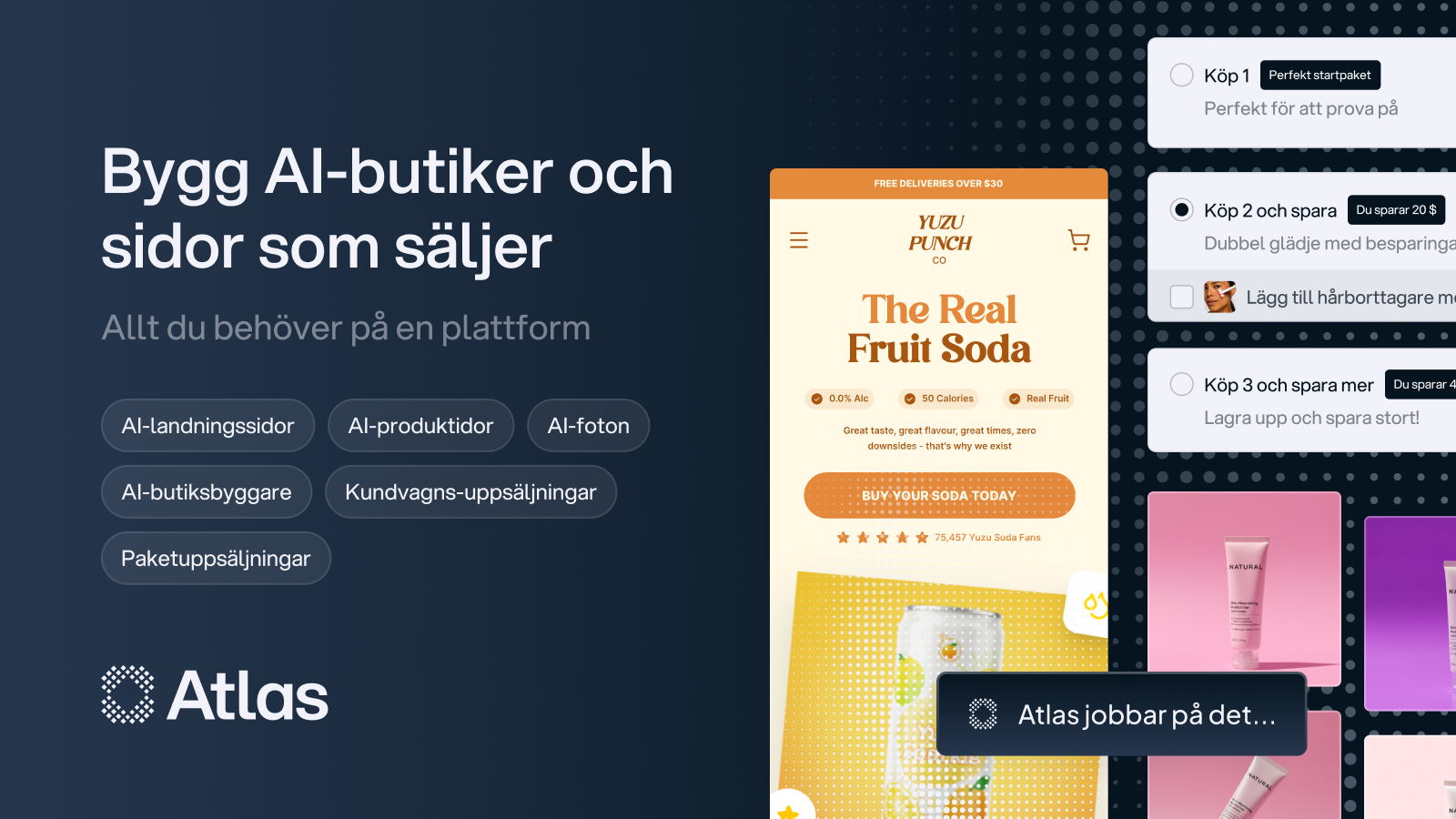 Atlas AI butiks- och sidbyggare för Shopify med upsells