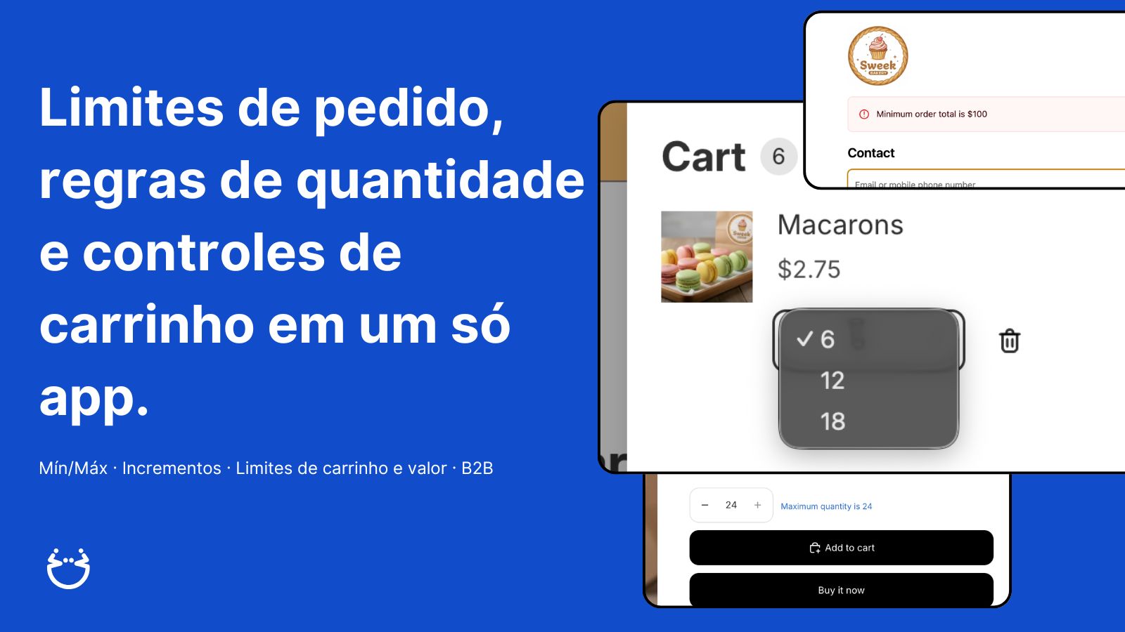 Limites de pedido, regras de quantidade e controles de carrinho 
