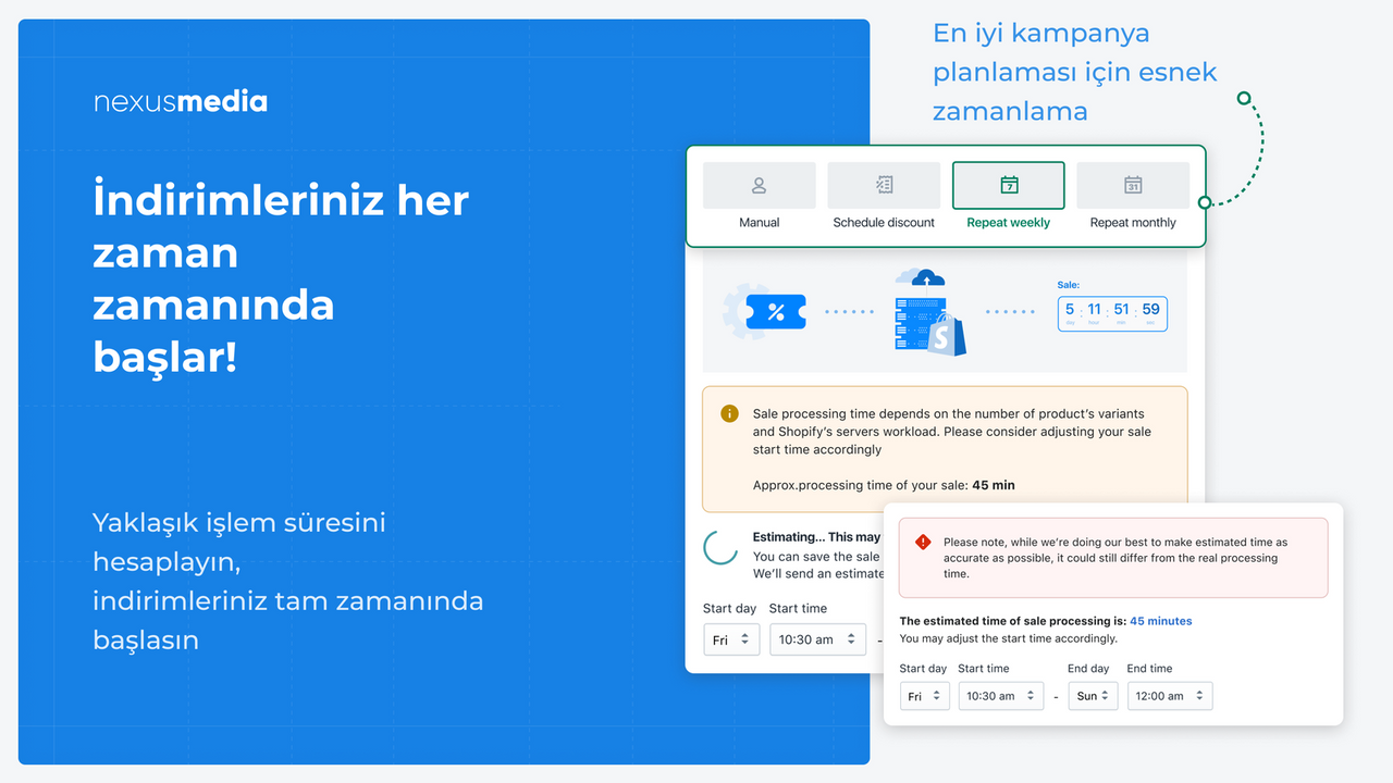 İşlem süresi hesaplama, esnek indirim zamanlama aracı