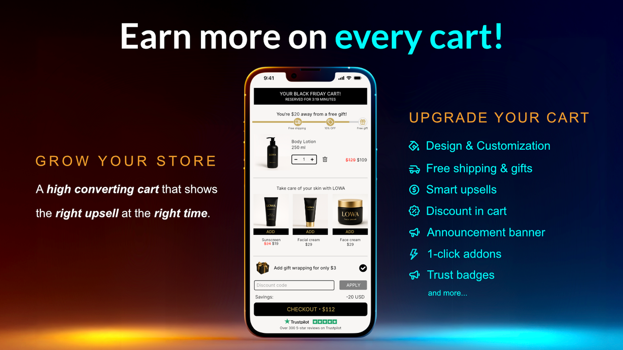 Slide cart drawer with cart upsells & cross-sells.