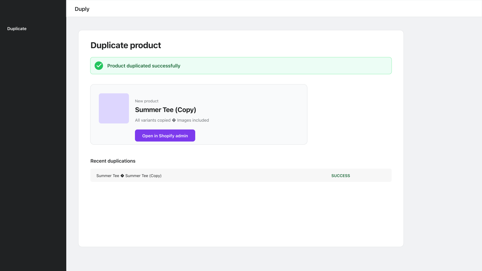 Success state after product duplicated in Shopify admin