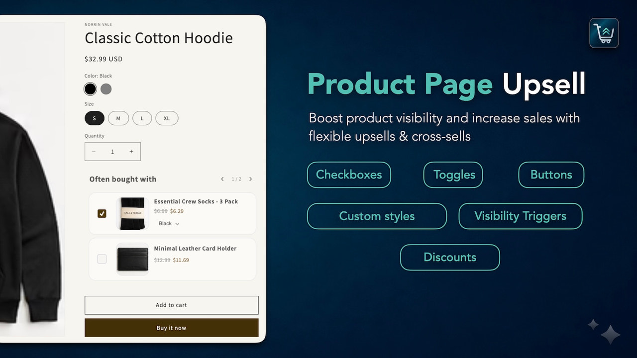 Product page add-ons with custom triggers, styling, discount