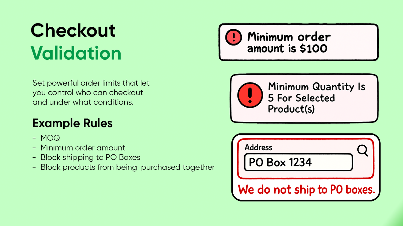 checkout validation rules like moq, minimum order amount/value