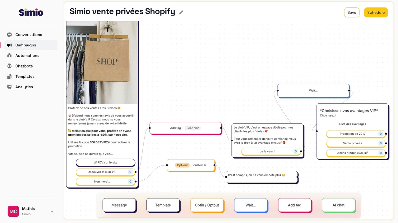 No-code campaign editor with chatbot and automation.