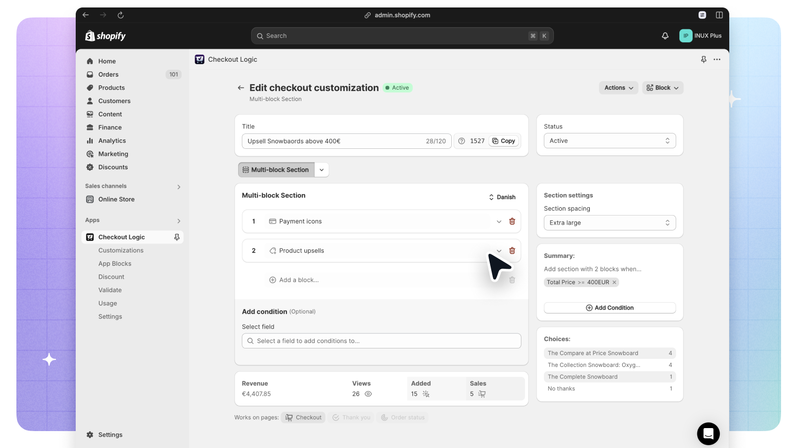 Track revenue and choices in product upsells and input forms