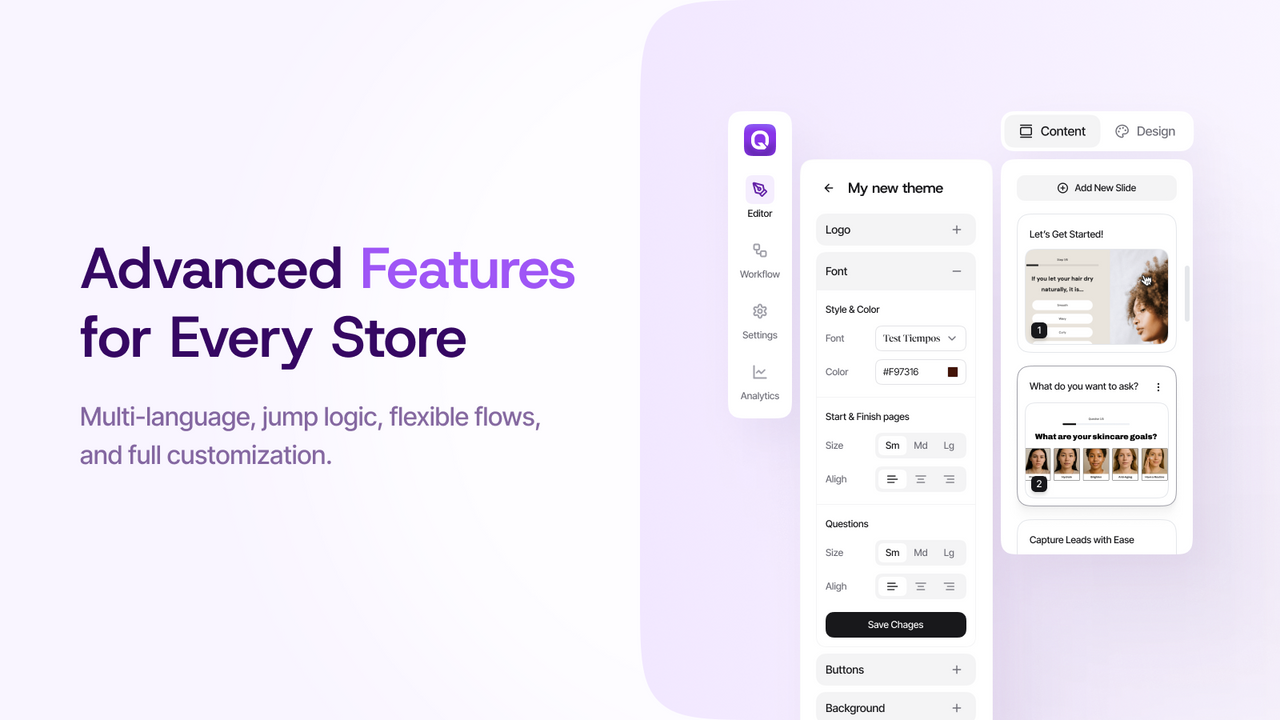 Quizell editor showing customization and flexible quiz flows