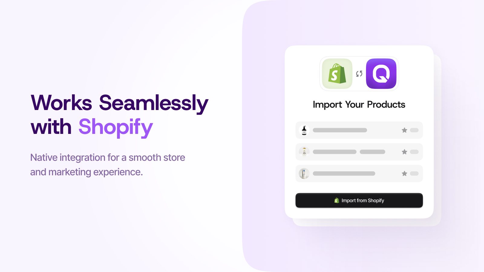 Shopify integration screen for importing products into Quizell