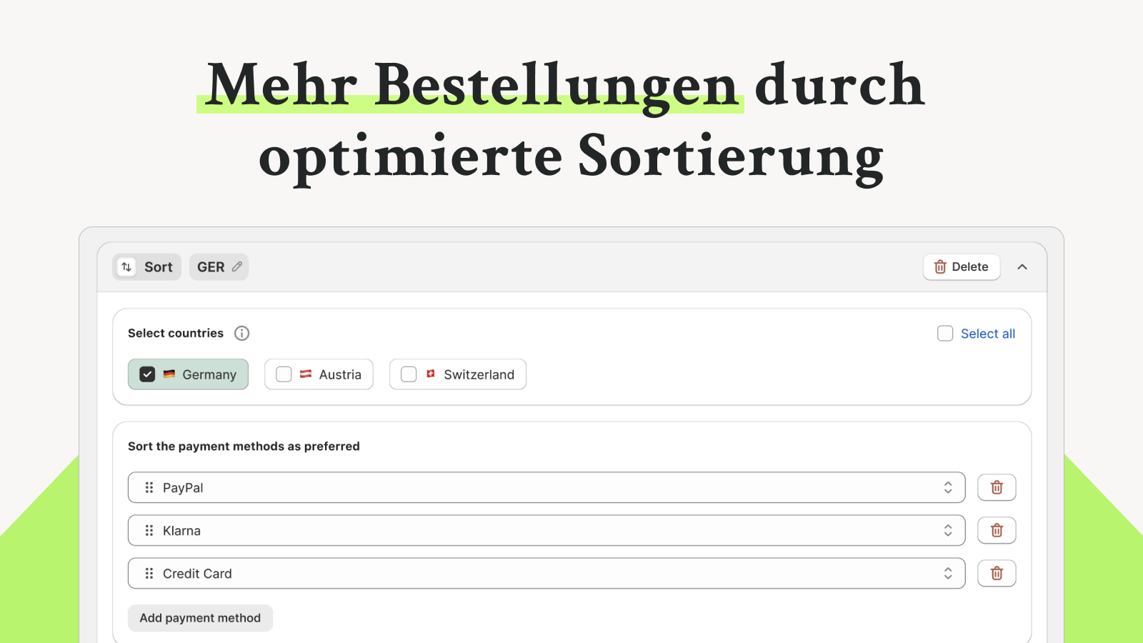 Zahlungsmethoden sortieren