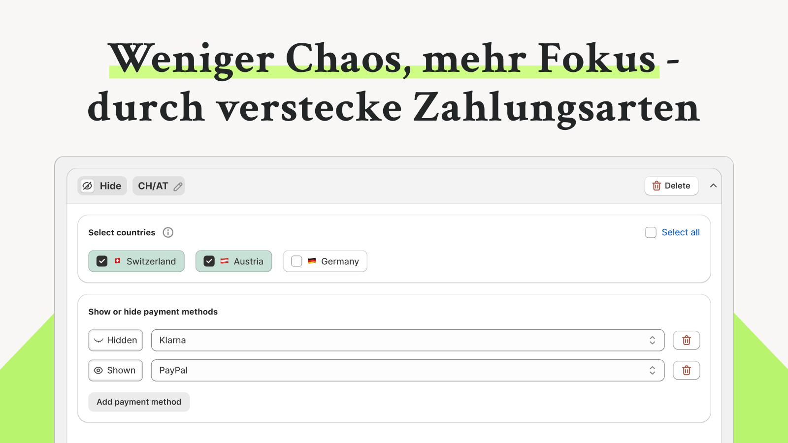 Zahlungsmethoden verstecken
