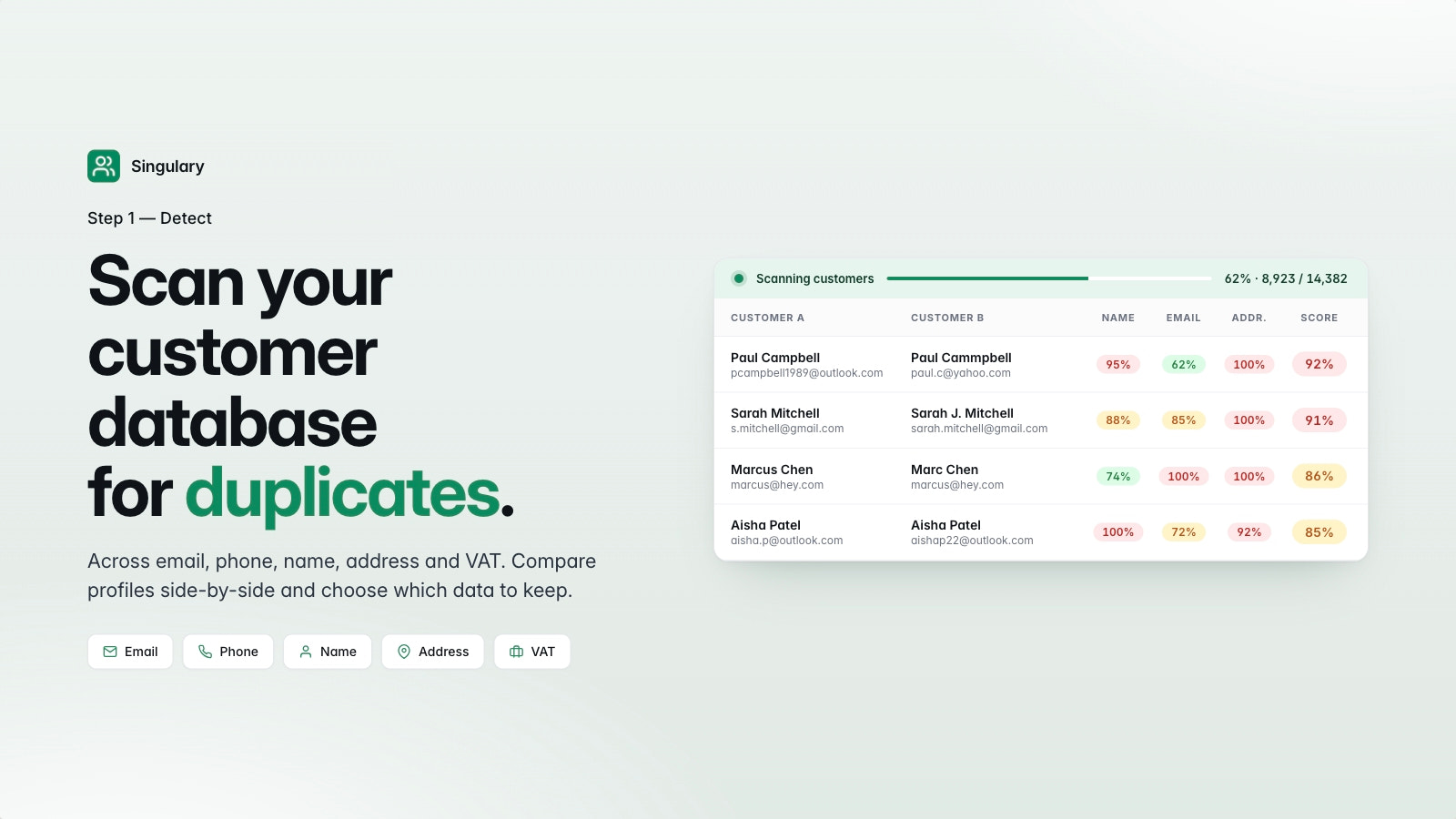 Singulary scans Shopify customers for duplicates.