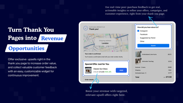 Thank you page upsell and feedback widget to grow store revenue.
