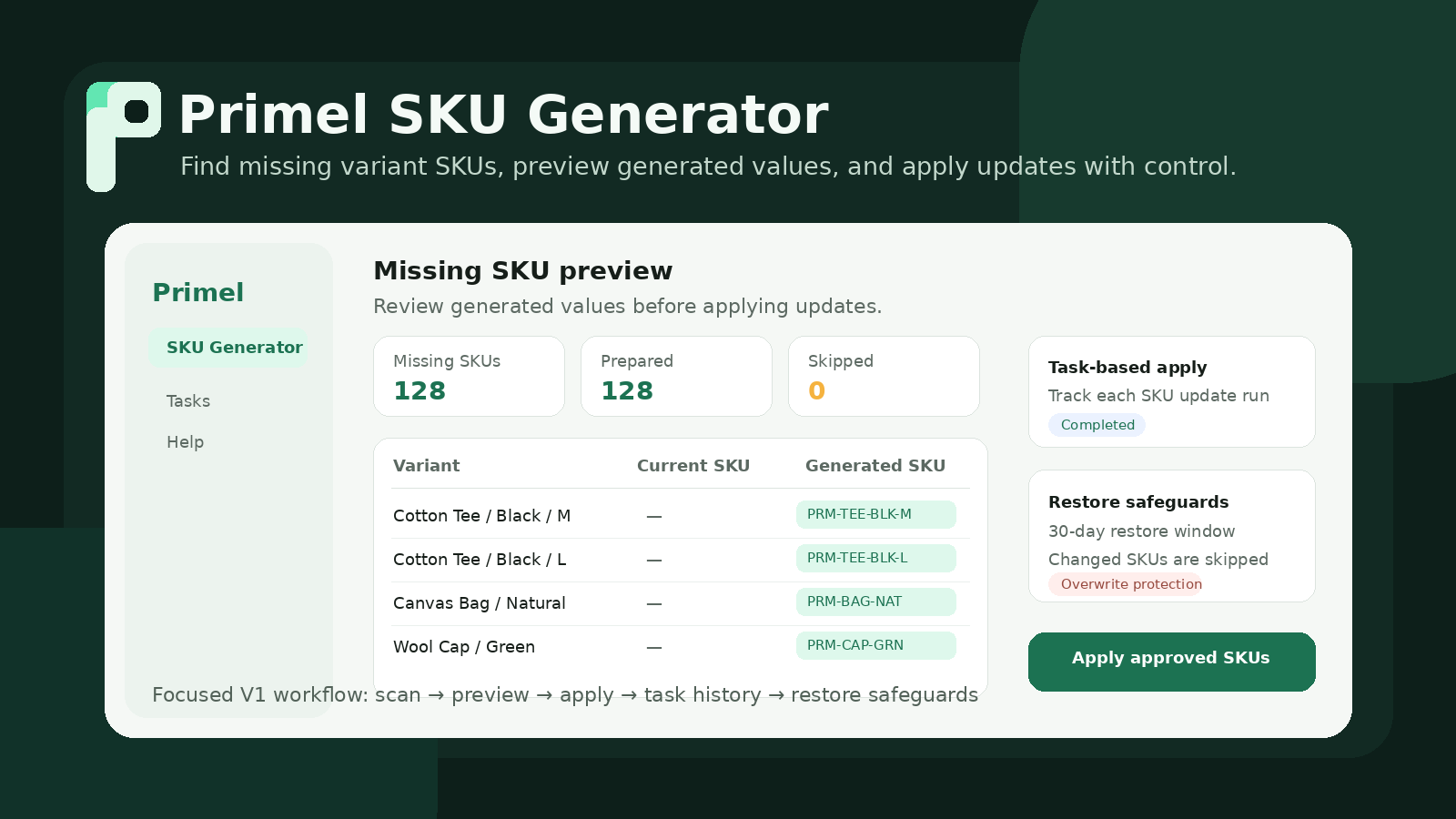 SKU generator preview and task history