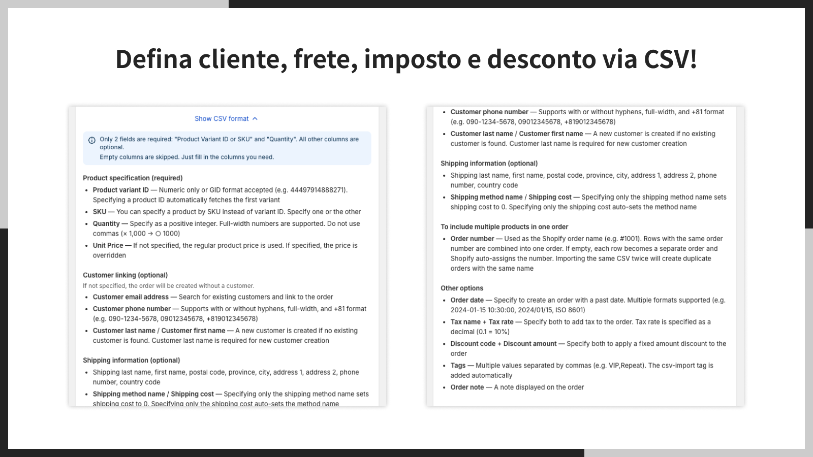 Defina cliente, frete, imposto e desconto via CSV!