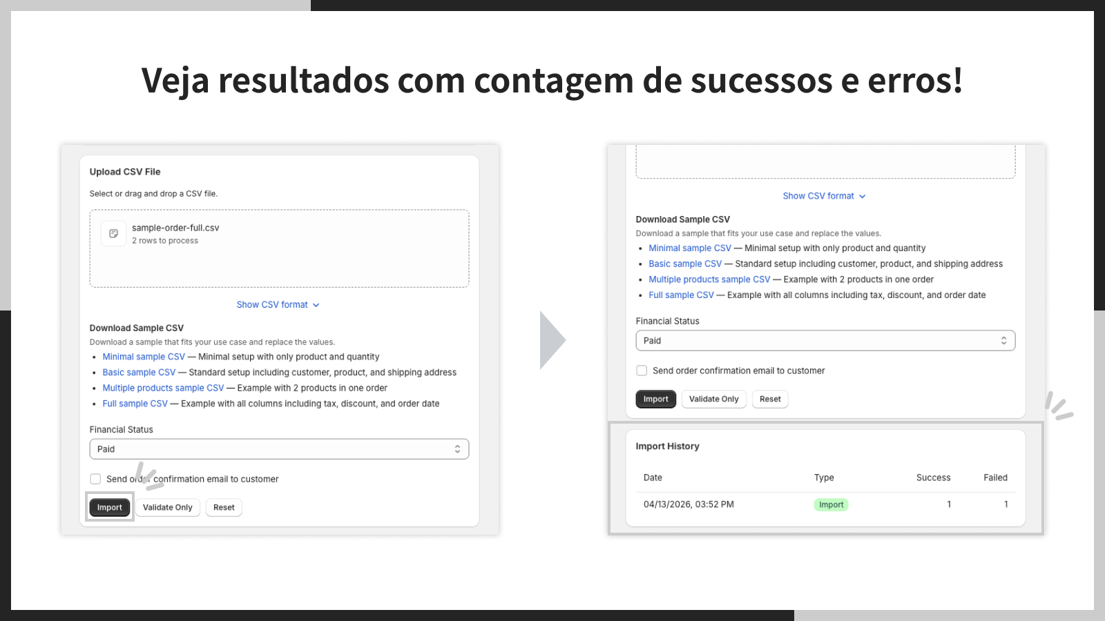 Veja resultados com contagem de sucessos e erros!
