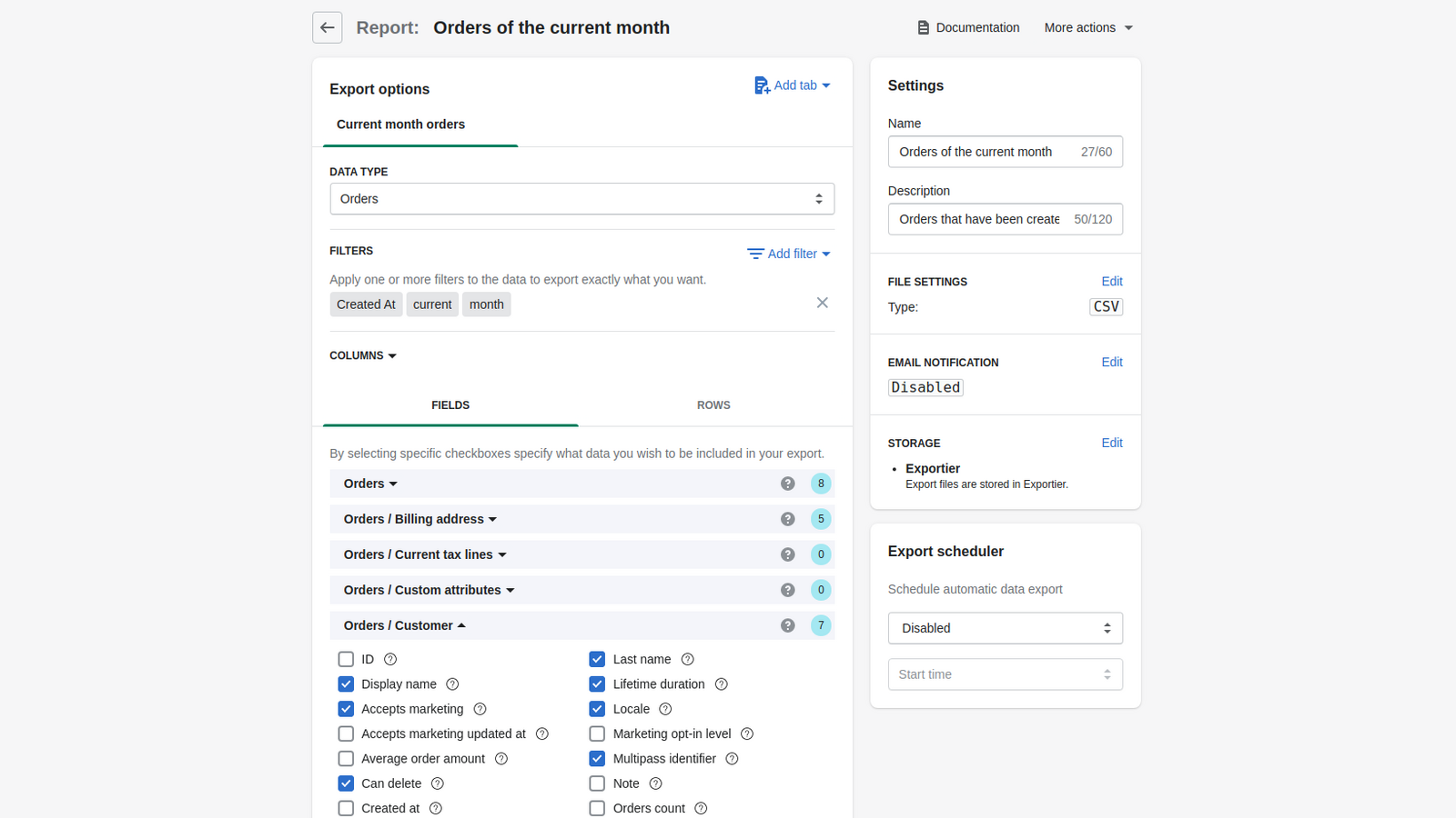 Customize Shopify store reports with various fields and filters