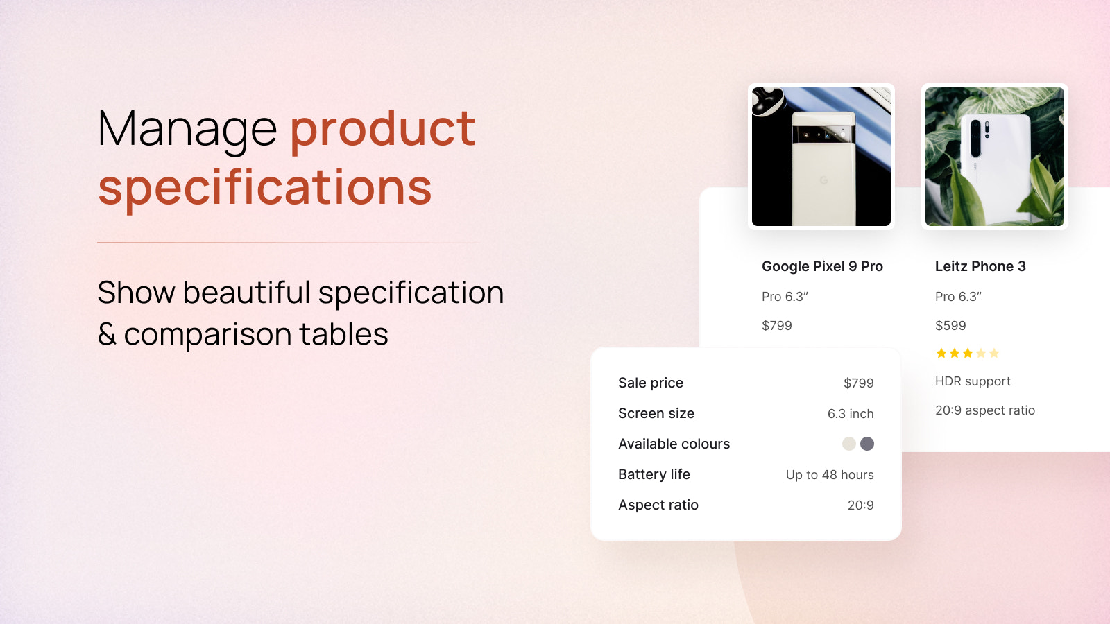 Show beautiful specification and comparison tables