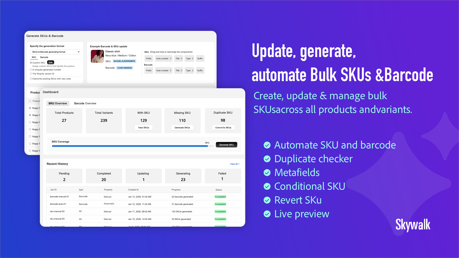 Interface showing custom SKU rule builder with dynamic tags