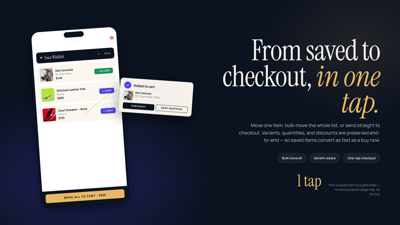 Move saved wishlist items to cart in one tap