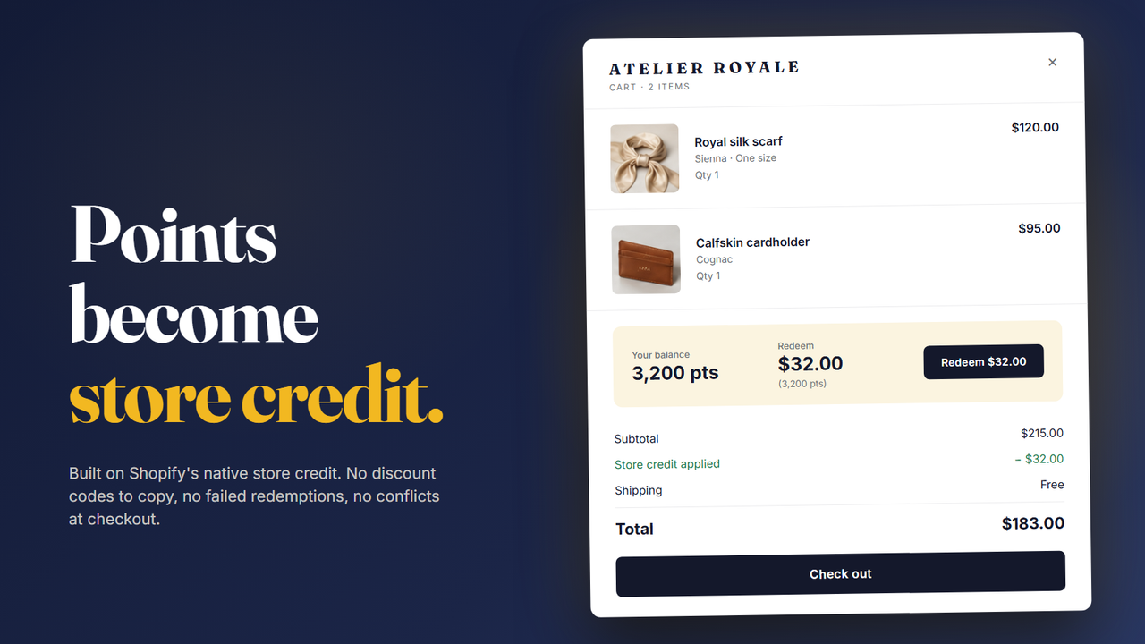 All points cleanly redeems to store credit. No discount codes