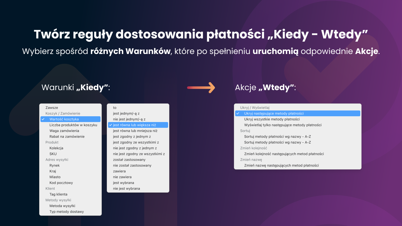 Reguły dostosowania płatności Kiedy-Wtedy, różne warunki i akcji