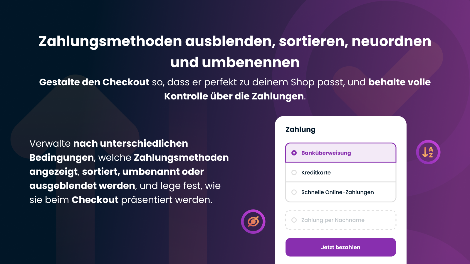 Zahlungsmethoden ausblenden, sortieren, neu ordnen, umbenennen