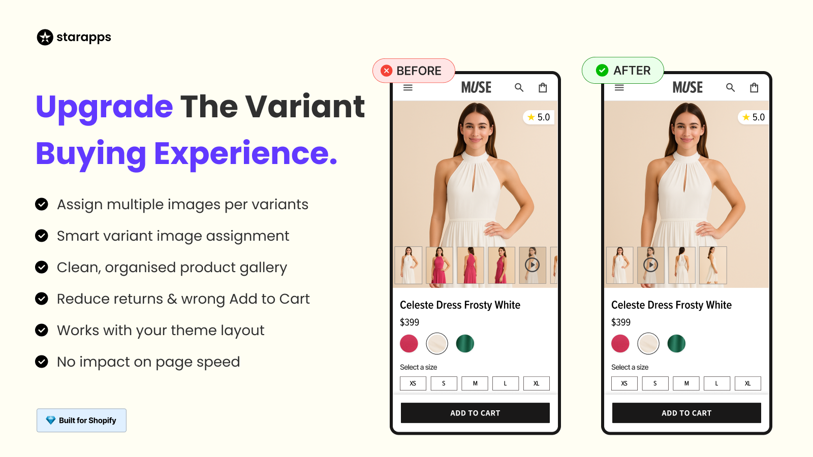 Before vs after Shopify page: messy gallery vs clean variants