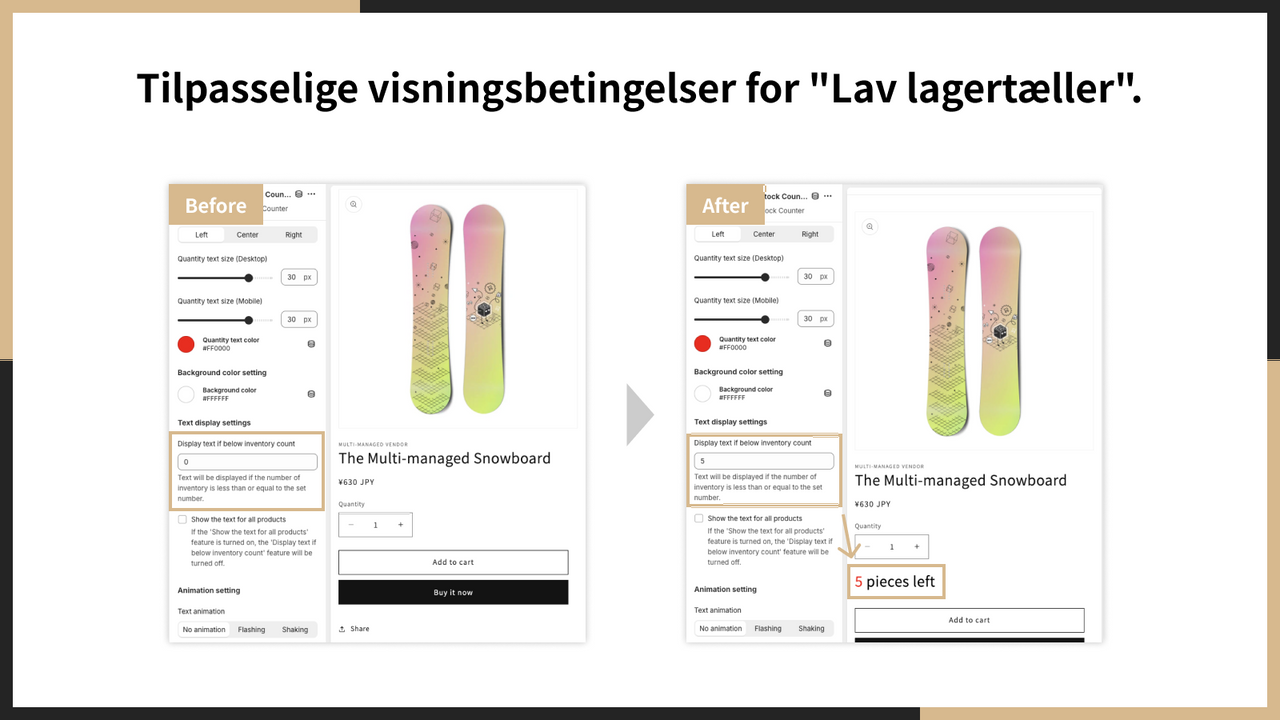 Tilpasselige visningsbetingelser for "Lav lagertæller".