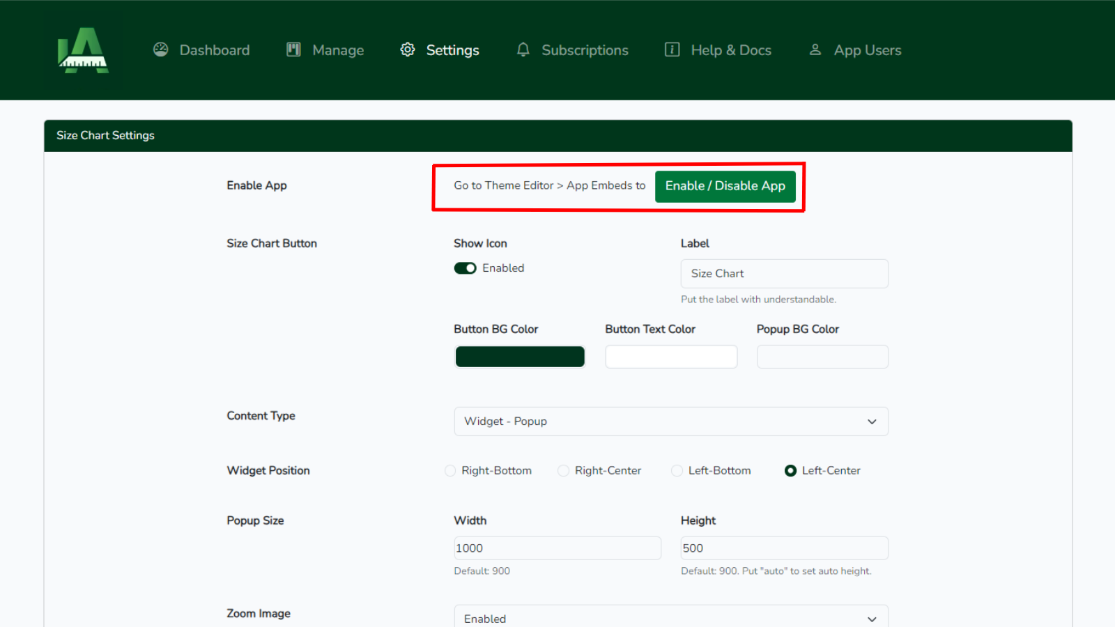 Easy Size Chart Settings