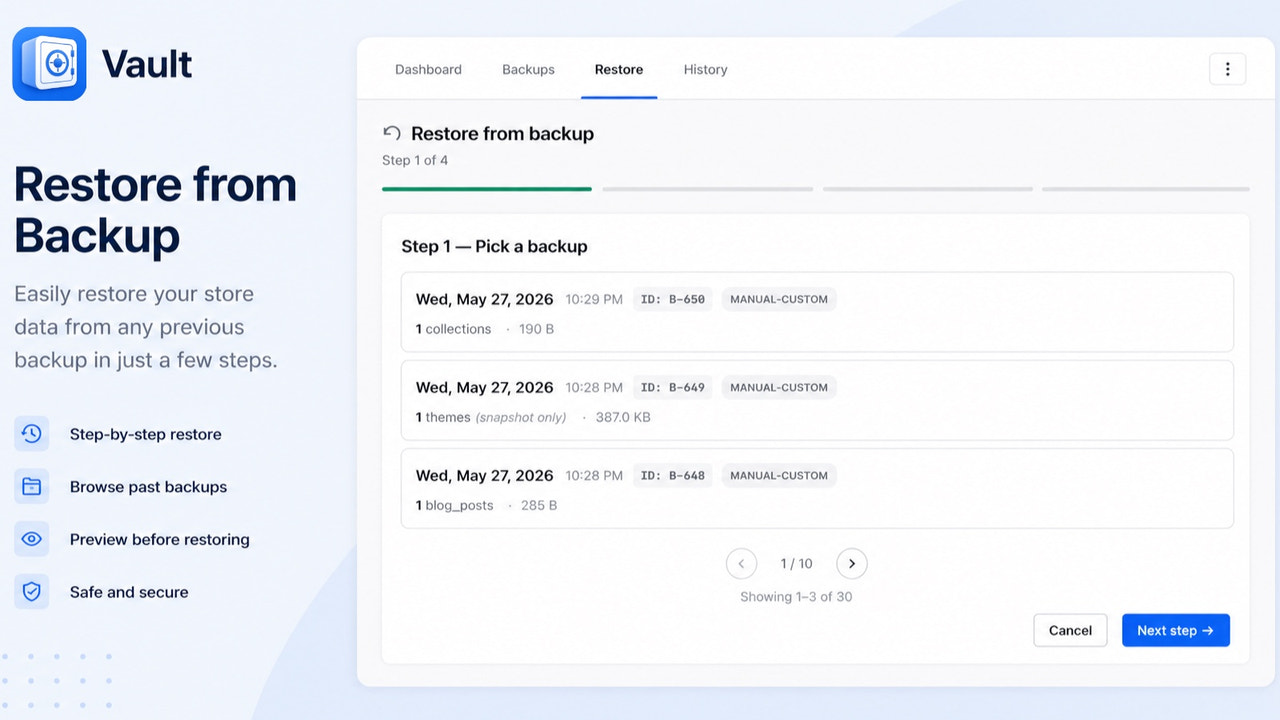 Vault granular restore wizard Step 1 of 4 with selectable backup