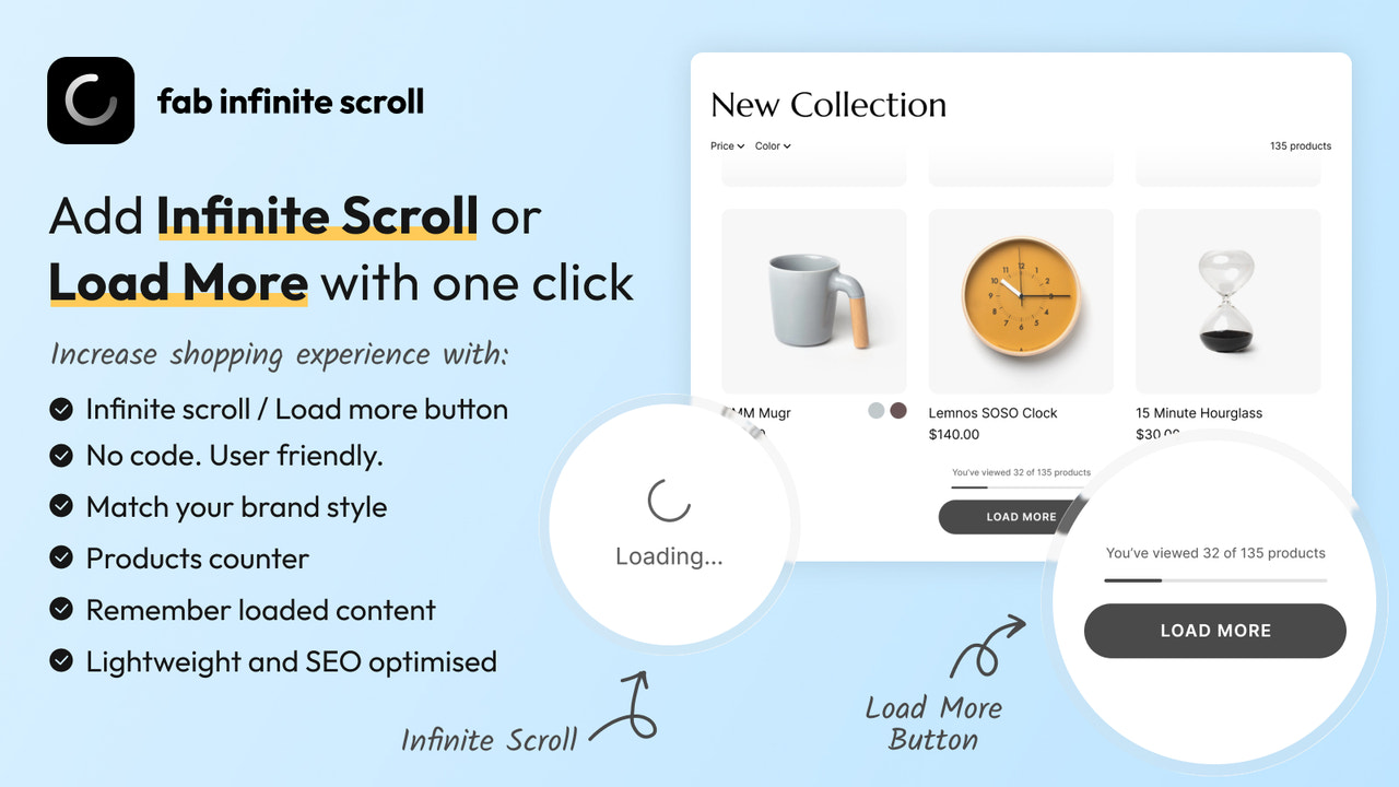 Add Infinite Scroll or Load More with one click.