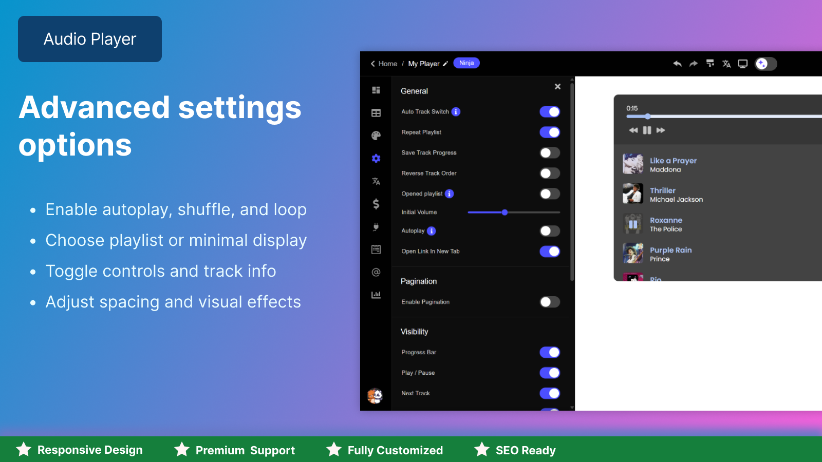Advanced settings options for the Audio Player