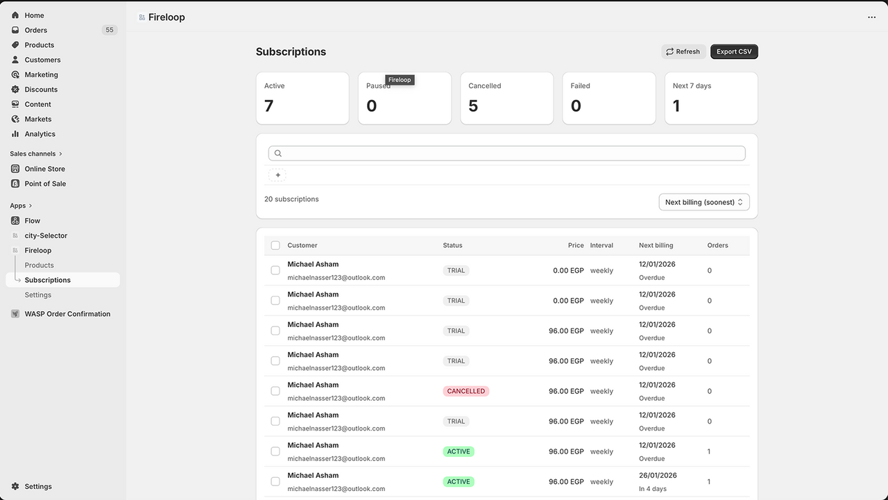 Subscriptions dashboard with billing statuses