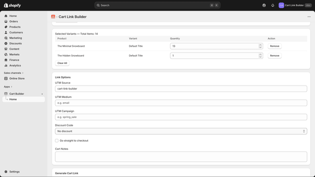 Demo screenshot of adding quantities to selected product