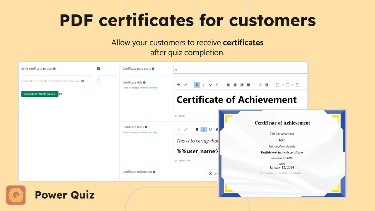 Generér certifikater til kunder med Power Quiz.